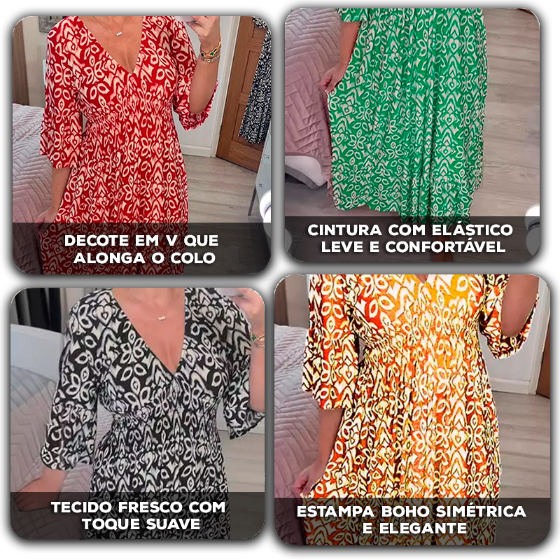 Vestido Harmonia Tropical™ com Estampa Boho e Tecido Leve / Um Toque de Cor e Liberdade para seu Dia!